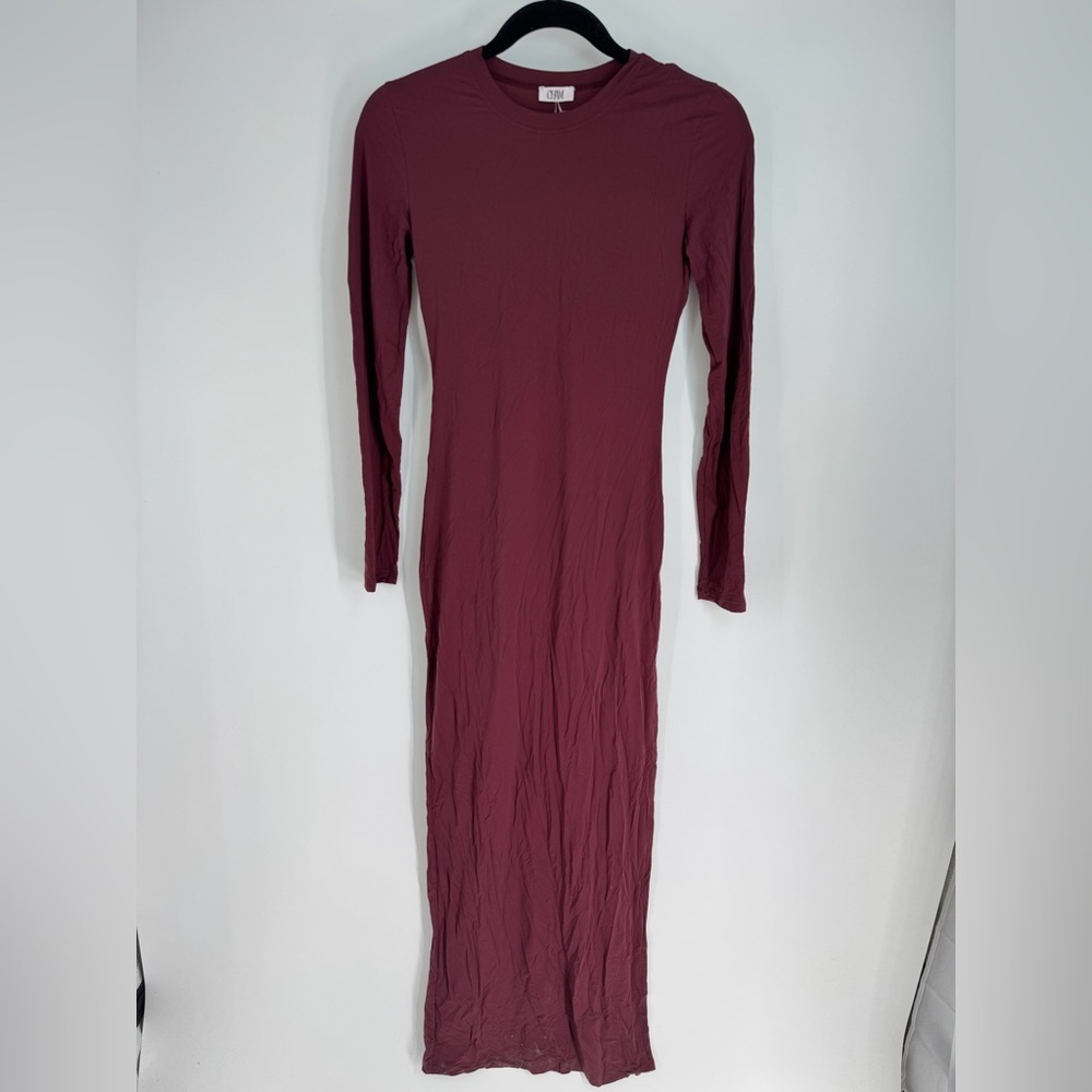 Cham Long Sleeve Front Slit U Neck Maxi Dress